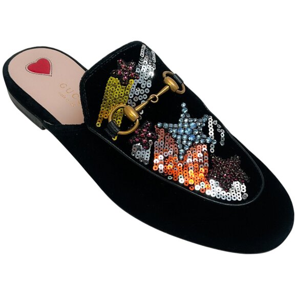 Gucci Black Velvet Multi Sequin Embellished Princetown Mules - Picture 1 of 6